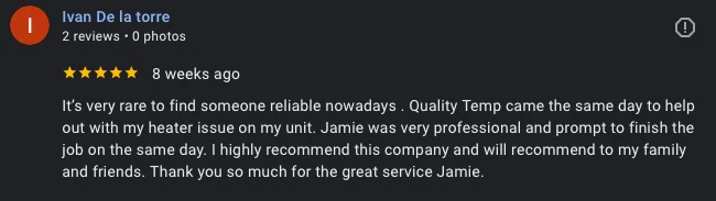 Ivan De la torre customer review for Quality Temp HVAC